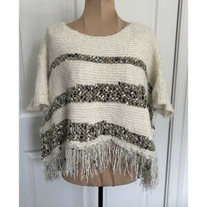 Anthropologie Moth Short Sleeve Crew Neck Fringe Poncho Sweater Oversize Size XS